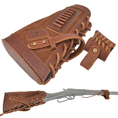 WAYNE'S DOG Right/Left-Handed Leather Buttstock Cheek Rest with Sling Barrel Mount for No Drill Your Gun (Brown(.22lr .22mag .17hmr), Righty with Barrel Mount)