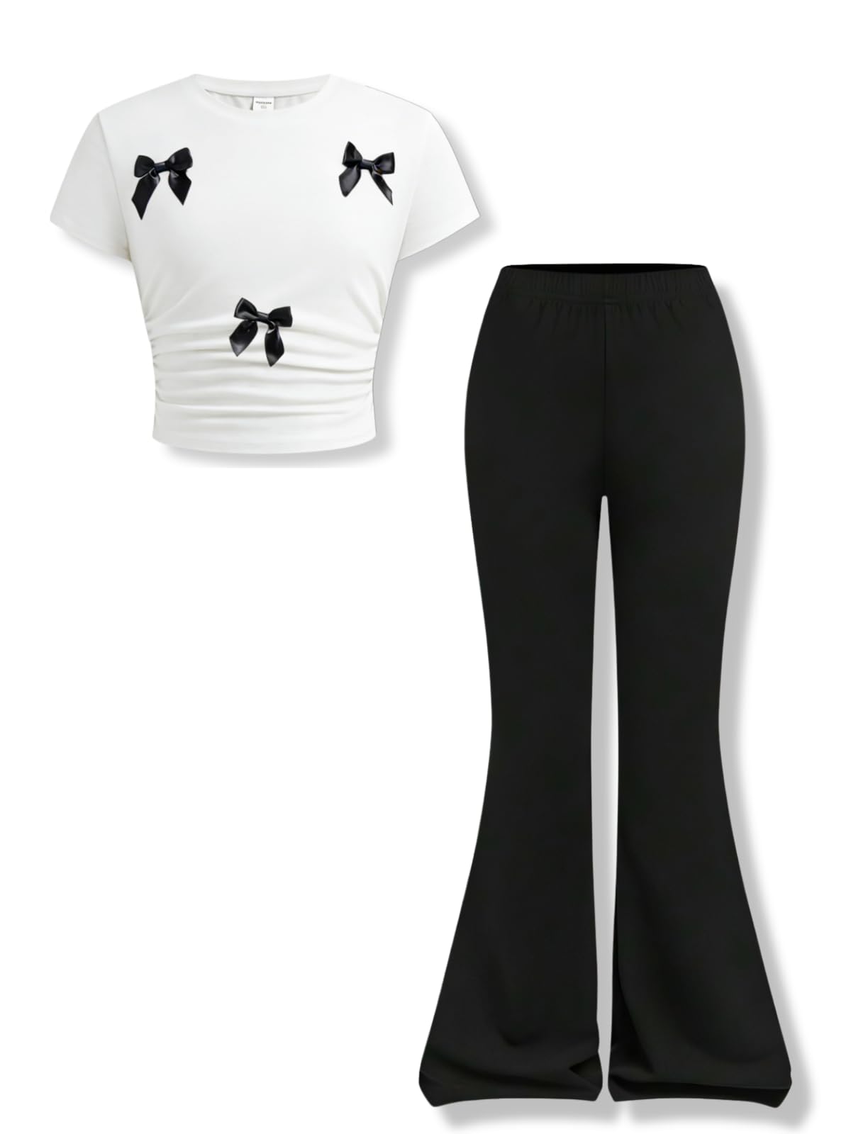 Girls Clothes 2 Piece Short Sleeve Lace Bow Print Tops Flared Pants Set Little Girl Outfits Size 7-14