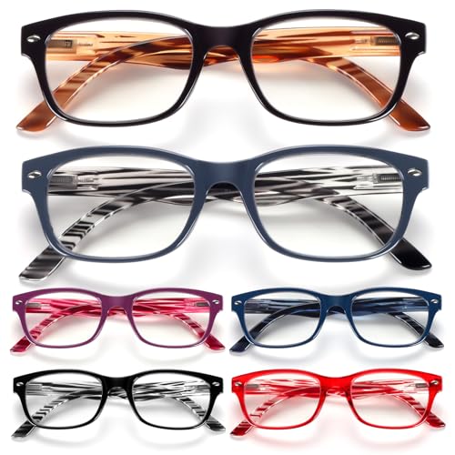 BLOEXCLU 6 Pack Reading Glasses for Women Men Blue Light Blocking Spring Hinge Computer Readers, Anti Eyestrain/Glare (6 Mixed C1, 1.75, Diopters)