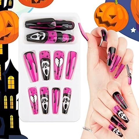 24pcs Uñas Postizas Halloween Extra Largas con Pegamento de Papel Cover