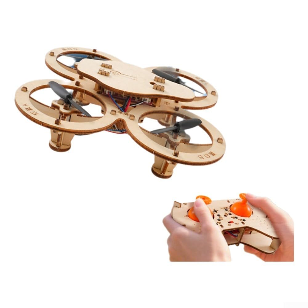 1 PCS Wooden Assembled Aircraft Model Kit 4-Axis Flight System Remote Control Quadcopter DIY Educational Toy 24 x 19 x 5 cm Natural Wood Finish for Teen and Adult Learning Indoor Outdoor Flying