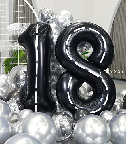 Image of Race Car 40 Inch Black 18 Big Large Helium Balloon Number 0-9 | Track Giant Digital 18th Foil Mylar Party Balloons for Men Birthday Car Theme Party Anniversary Graduation Decorations