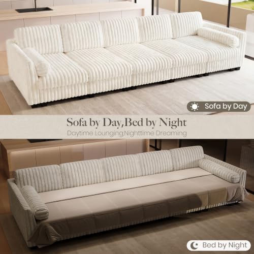 Image of Belffin Oversized Cloud Deep Seat Sectional Sleeper Sofa Bed Corduroy Couch. Beige Couch