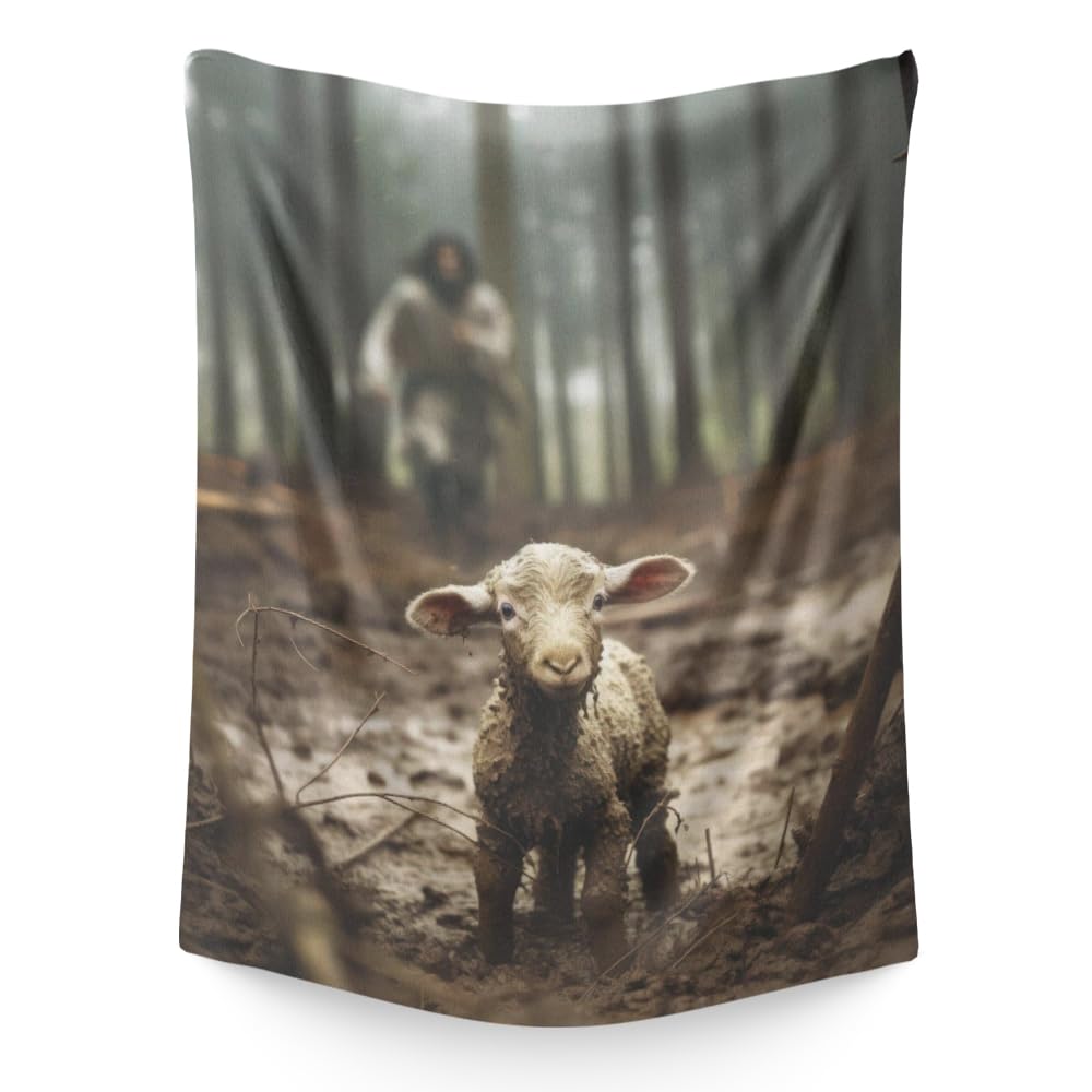 FADALO Jesus and Lamb Tapestry,Jesus Save Lost Lamb Tapestry,Vintage Christian Art Decor,Aesthetic Wall Hanging for Living Room Bedroom Dorm,51x59Inches