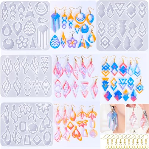 104Pcs Geometric Resin Earring Molds Kit Irregular Shaped Earrings Silicone Mold for Epoxy Resin Dangle Drop Jewelry Molds Making Kit with 100 Earring Hook for Earrings Necklace Pendants (clear)