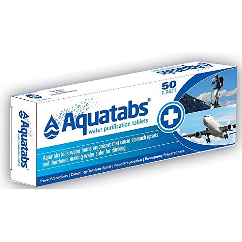 Cuchillería Deportiva Tabletas AQUATABS de 50 Pastillas purificadoras de Agua. Ideal para Senderismo, Supervivencia, bushcraft y escapadas al Monte. Ideal para Viajes Largos y excursiones.