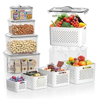 5 PCS Fruit Storage Containers for Fridge, 5 Sizes (13oz-140oz) Leakproof & Airtight with Silicone Seal, Draining Colander, Food Grade BPA-Free, Keep Fruits Vegetables Fresh for Camping, Kitchen