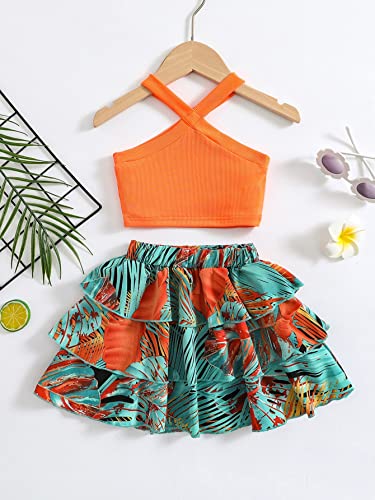 Image of MakeMeChic Girl's Summer 2 Piece Outfit Criss Cross Halter Top Tropical Print Layered Skirt Set