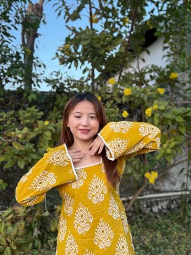 Image of Women Pure Cotton Floral Printed Short Kurti | Square Neck | Full Sleeves | Stylish Ethnic Kurta | Back Tie-Up | Casual Wear Kurta