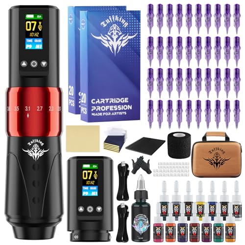 TUFFKING Tattoo Gun Kit - Wireless Tattoo Machine Kit, 7 Strokes Length Tattoo Pen Set with Digital LED Display, 2Pcs 1,600mAh Power Supply, 40Pcs Cartridge Needles for Beginners