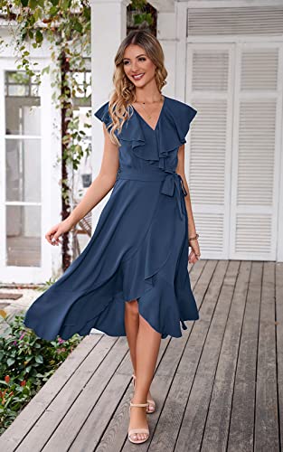 Image of PRETTYGARDEN Women's 2023 Summer Wrap Maxi Dress Casual Boho Deep V Neck Short Sleeve Ruffle Hem Split Beach Long Dresses