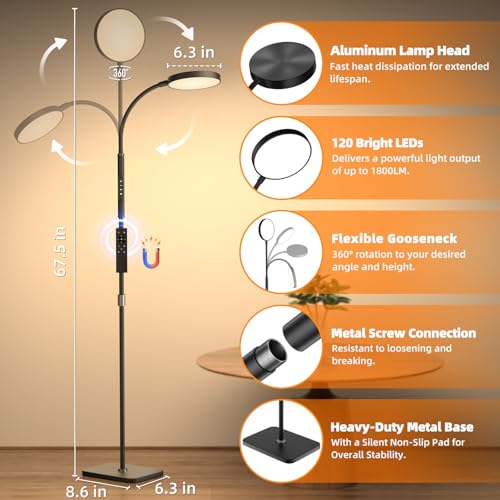 Floor Lamp, Adjustable Height Floor Lamps for Living Room Bedroom, 120 LED Super Bright Standing Lamp Remote & Touch Control Dimmable Gooseneck Tall Stand Reading Lamp for Office Craft, Black - Image 6