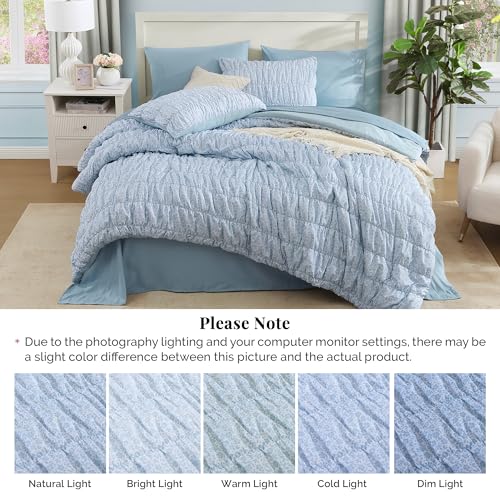 Full Size Comforter Sets - 7 Pieces Puff Cornflower Blue Floral Bedding Set for All Seasons, Shabby Chic Farmhouse Bed in a Bag Full with Floral Comforter, Sheets, Pillowcases & Shams