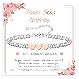 BMMYE 30th Birthday Gifts for Women,Silver Bead Bracelet with Rose Gold Heart Adjustable Sterling Silver Bracelet Birthday Gifts with Cards for Mum Daughter Sister Grandma