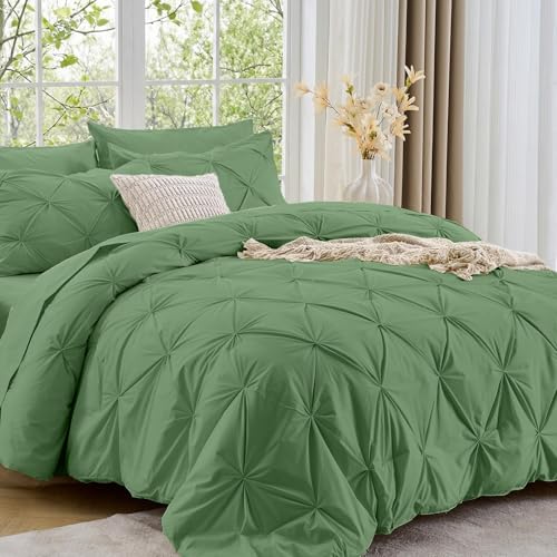 Image of Sasttie Twin Comforter Set, 5-Piece Bed in a Bag, Pintuck Bedding Sets for All Season, Includes Comforter, Flat Sheet, Fitted Sheet, Pillowcase and Pillowsham, Green