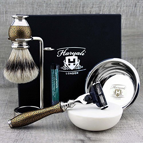Haryali London Gold Antik Design męski zestaw do golenia 3 Edge, brzytwa, pędzel do golenia, miseczka do golenia, mydło do golenia, stojak do golenia i sztyft Alaun