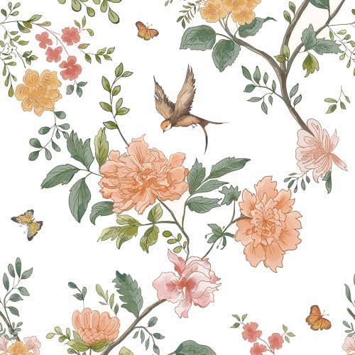 Froluya Floral Peel and Stick Wallpaper Vintage Floral Contact Paper 16.9” x 118.1” Bird Wallpaper Peel and Stick White Boho Flower Self Adhesive Removable Wall Paper for Bathroom Bedroom Shelves