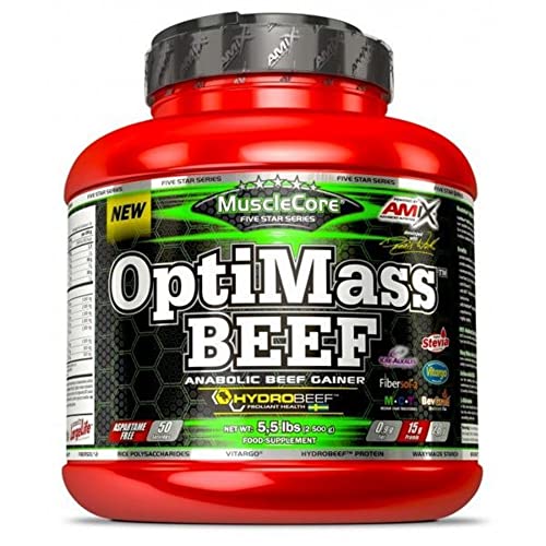 AMIX - Complemento alimentar em pó - Optimass Beed Gainer em 2500 g - Coco de chocolate duplo - Carboidratos de absorção rápida - Proteínas de carne de bovino - Fornece energia de vitela