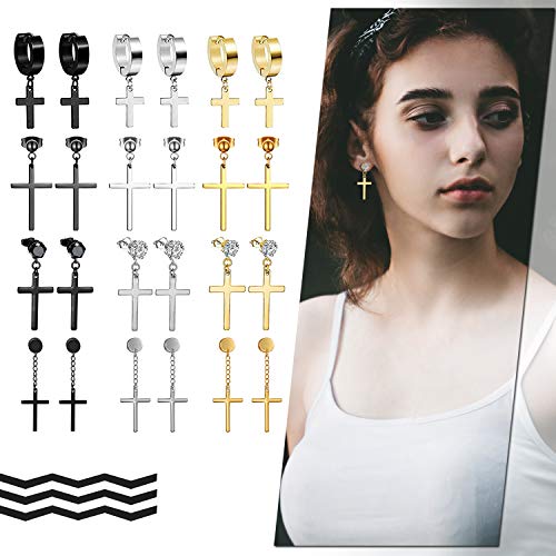 Cupimatch 12 Pairs Stainless Steel Cross Dangle Huggie Hinged Hoop Earrings Set, Unisex Ear Piercing CZ Stud Earrings for Men Women Silver Gold Black - Thumbnail 3