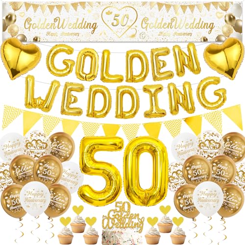 50th Wedding Anniversary Decorations Set - Golden Wedding Yard Banner and Foil Letter Balloons for Happy Anniversary Party Gold Number 50 Foil Balloons Bunting Cake Topper for 50 Years Decor