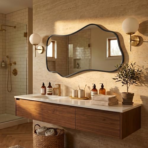 Image of Bathroom Mirrors for Over Sink-Horizontal or Vertical Hanging 47.2 inchx21.6 inch Black Asymmetrical Wavy Aluminum Frame Decorative Full Body Mirror for Living Room,Bedroom,Cloakroom,Entryway