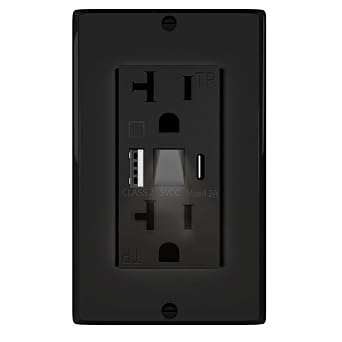 منفذ USB 20 أمبير مع ضوء ليلي LED،منفذ حائط كهربائي مع منافذ شحن USB من النوع A والنوع C، منافذ حائط مقاومة للتلاعب، لوحة حائط للهاتف والكمبيوتر اللوحي والكاميرات أسود 1، أسود