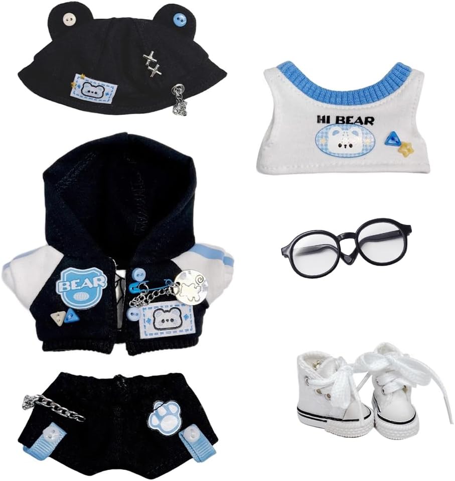 niannyyhouse 10cm Plush Doll Clothes Loose Hat Coat Pants Vest Glasses Canvas Shoes Parkour Bear Set Soft Stuffed Plush Toy Dress Up Accessories