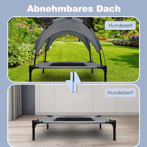 UISEBRT Erhöhtes Hundebett Haustierbett mit Baldachin, Hundeliege Outdoor für Camping Strand, Hundebett mit Wasserdicht Dach Hundesofa mit Atmungsaktivem Netzgewebe, Größe M, 76 x 61 x 76 cm