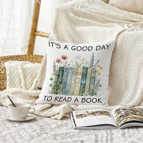 Image of It's a Good Day to Read a Book Reading Pillow Covers Gifts for Book Lover,Bookish Bookworm Librarian Gifts for Women,Reading Pillow for Bed 18x18,Book Nook Decor