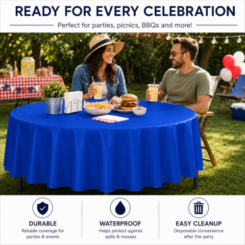Image of Party Dimensions Blue Disposable Plastic Tablecloth for Round Tables (12 Pack) 84 inches Table Cloths for Parties, Events & Weddings, Indoors & Outdoors, Plastic Table Cover