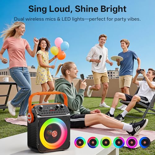 HWWR Karaoke Maschine Karaoke Anlage mit 2 Mikrofonen für Erwachsene & Kinder Bluetooth Lautsprecher mit Vorverstärker für Mikrofone, Tragbare Bluetooth Party Karaoke Box - Geschenk
