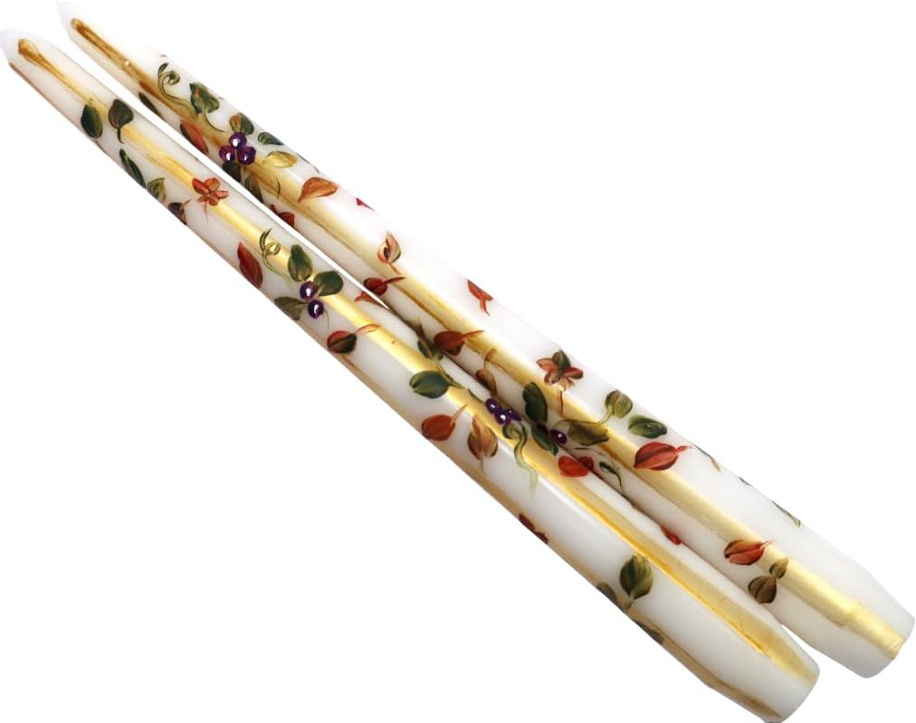 Decorative Fall Home Decor Artist Hand Painted White Dripless Taper Candles Autumn Leaves and Berries Thanksgiving Table Decorations Original Artisan Design