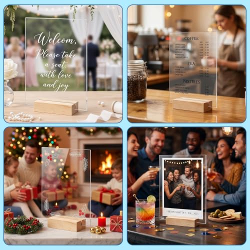 Image of Bercoor 5 Pack 5x7 Inch Blank Clear Acrylic Sign with Wooden Stands, Rectangle Top Acrylic Sheet, DIY Acrylic Rectangle Table Numbers for DIY Name Card Gifts Event Party Sign Decoration