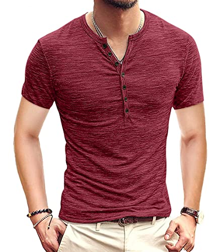 KUYIGO Men's Henley Shirts Short Sleeve Mens Casual Stylish Summer T-Shirt Tomato Red Small