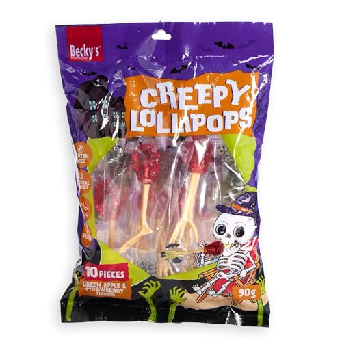 Beckys Creepy Lollipops 90g 10 Halloween Lutscher mit Knochen-Stiel Süße Party-Süßigkeiten für Kinder & Erwachsene Gruselige Lollies einzeln verpackt zum Teilen Verschenken & Dekorieren