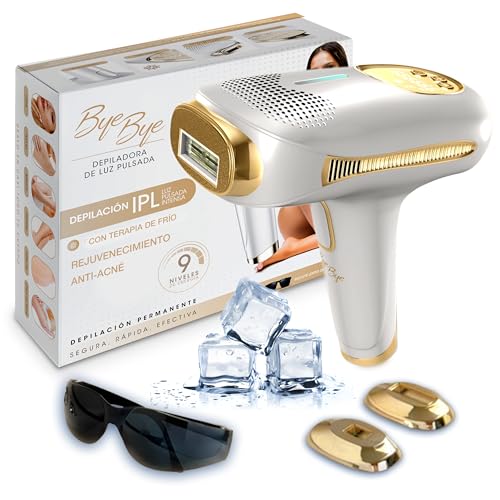 Bye Bye Depiladora IPL Tecnología de Luz Pulsada - 9 Niveles de Intensidad + Modo Frío - 3 Funciones: Depilación, Antiacné y Rejuvenecimiento - 2 Cabezales + Gafas Protección - Ligero, agarre fácil