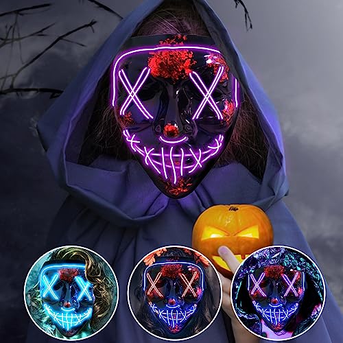 Jsdoin Halloween Masks, Scary LED Purge Mask, Light up Mask Cosplay, LED Rave Face Mask Costume 3 Lighting Modes