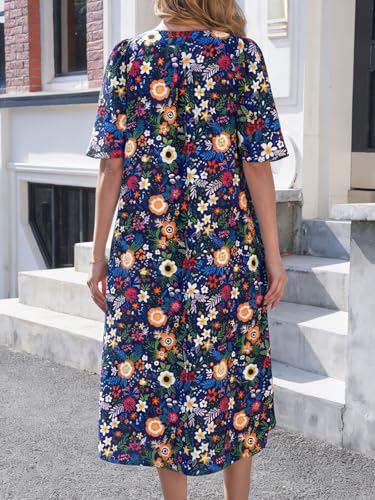 Image of Wenrine Womens Casual Maxi Dress Short Sleeve Loose Flowy Summer Dresses | flutter sleeve, v neck, loose fit, slit, long summer dress, beach, vacation