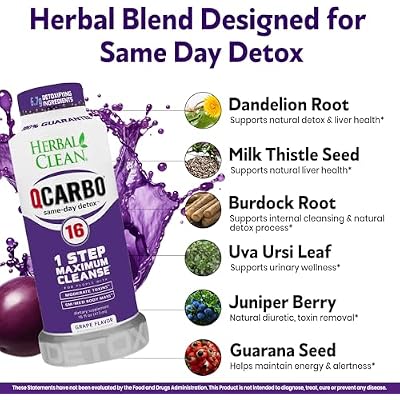 Herbal Clean Qcarbo16 Same-Day Detox Cleanse Drink (16 fl oz) - Grape Flavor Full Body Cleanse* Detox Drink for Moderate Toxin Level*, Vitamin B2 and Vitamin B12 for Men & Women
