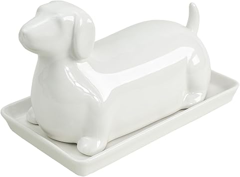 Colias Wing 3D Dachshund Shaped Ceramic Butter Dish with Lid Butter Keeper Butter Plate Tray for Kitchen Countertop Dachshund Pattern Butter Crock Keeper Saver