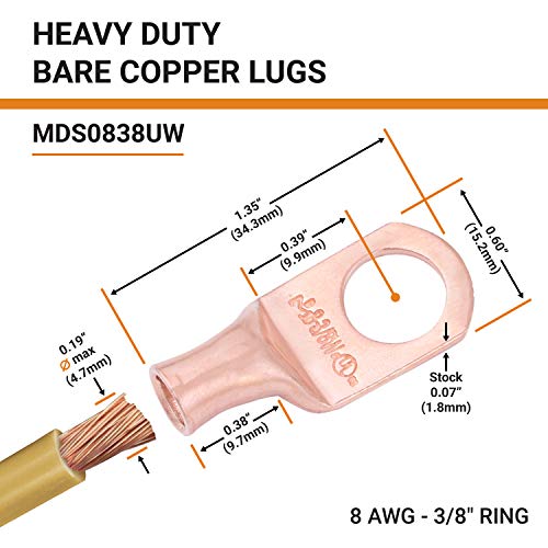 Selterm 2Pcs 8 Awg 3/8" Stud Copper Wire Lugs, Battery Lugs, Ring Terminals, Battery Cable Ends, 8 Gauge Ring Terminal Connectors, Ul Heavy Duty Bare Copper Eyelets Battery Terminal Connectors #TOP1