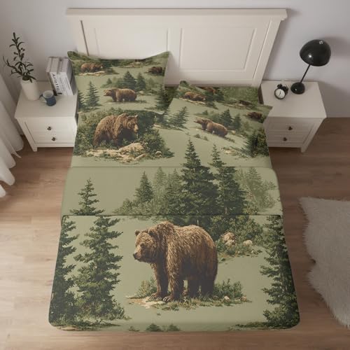 Bear Sheets Cal King Size, Wildlife Pine Tree Sheet Set, Bear Bed Sheets - 14 Inch Deep Pocket, Ultra Soft Winkle Free Microfiber Bedding & Pillowcases 4 Piece AA1036