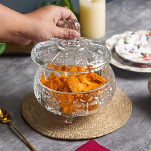 Image of WRINGO Flower Pattern Glass Candy Jar | Decorative Glass Storage Jar with Lid | Multipurpose Dry Fruit, Candy, Chocolate, Cookies & Snacks Container | Elegant Flower Design (Pack of 1)