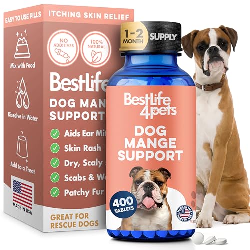 Dog Mange Support and Natural Dog Itching Relief for Canine Coat Issues & Puppy Mange, Soothes Dry Itchy Scaly Skin, Welts & Scabs - Helps Restore Fur Loss (Easy Use 400 Tiny Pills)