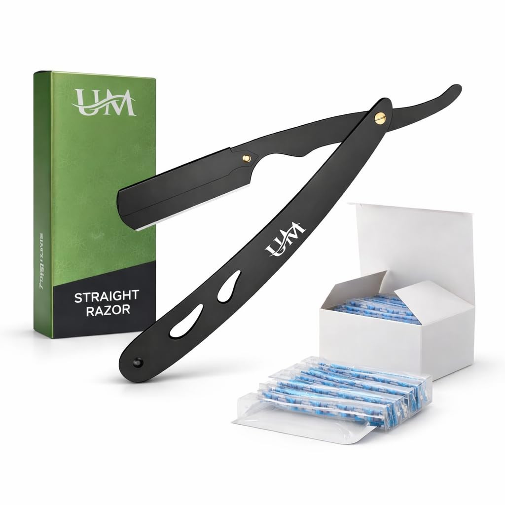 UM Supplies Straight Razors for Men – Professional Barber Straight Edge Razor Kit with 20 Replaceable Insert Single Edge Blades - Navajas Para Barbero