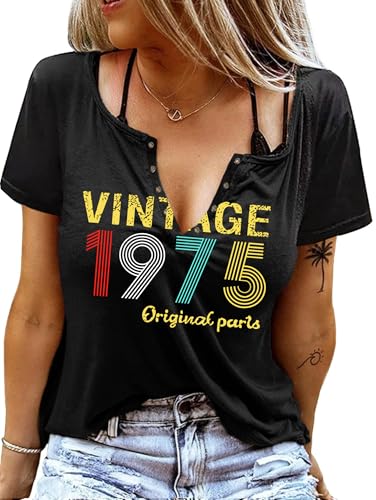 50th Birthday Gifts for Women Vintage 1975 T Shirts for Women Retro Birthday Party Top Casual Short Sleeve Tee Tops