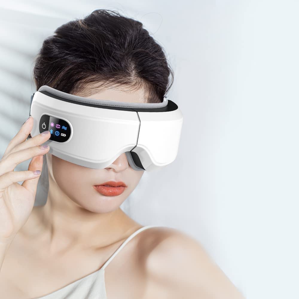 Masajeador de Ojos con Amasado de Bolsas de Aire, compresa Caliente a Temperatura Constante, vibración multifrecuencia y música Bluetooth (Blanco)
