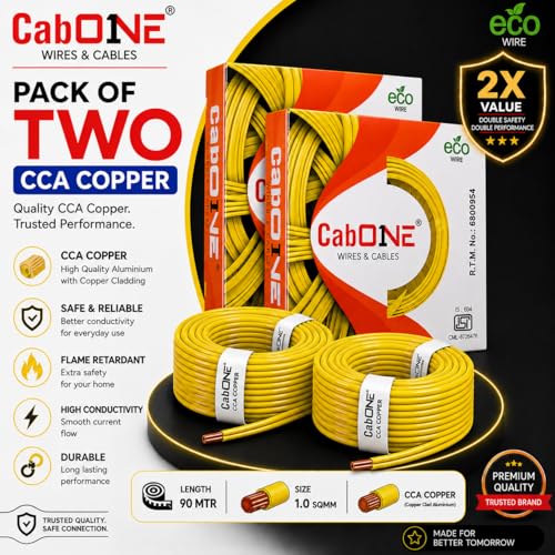 Image of CabONE 1.0 SQ.MM FR PVC Insulated Copper Electrical Wire, 90 Meter (Yellow, Pack of 2) | ISI Marked Fire Retardant Single Core Cable for Home Wiring