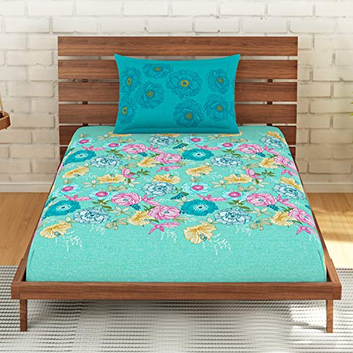 Image of Spaces Atrium Plus 210 TC 100% Cotton Single Bedsheet with 1 Pillow Cover (Floral, 60 inch X 88 inch Inches) - Teal