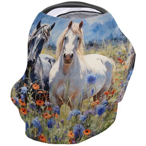 Nursing Cover for Breastfeeding Scarf, Black White Horse Floral Animals Oil Painting Baby Car Covers Super Soft Multi Use for Canopy Shopping Cart Cover Blanket Stroller Cover